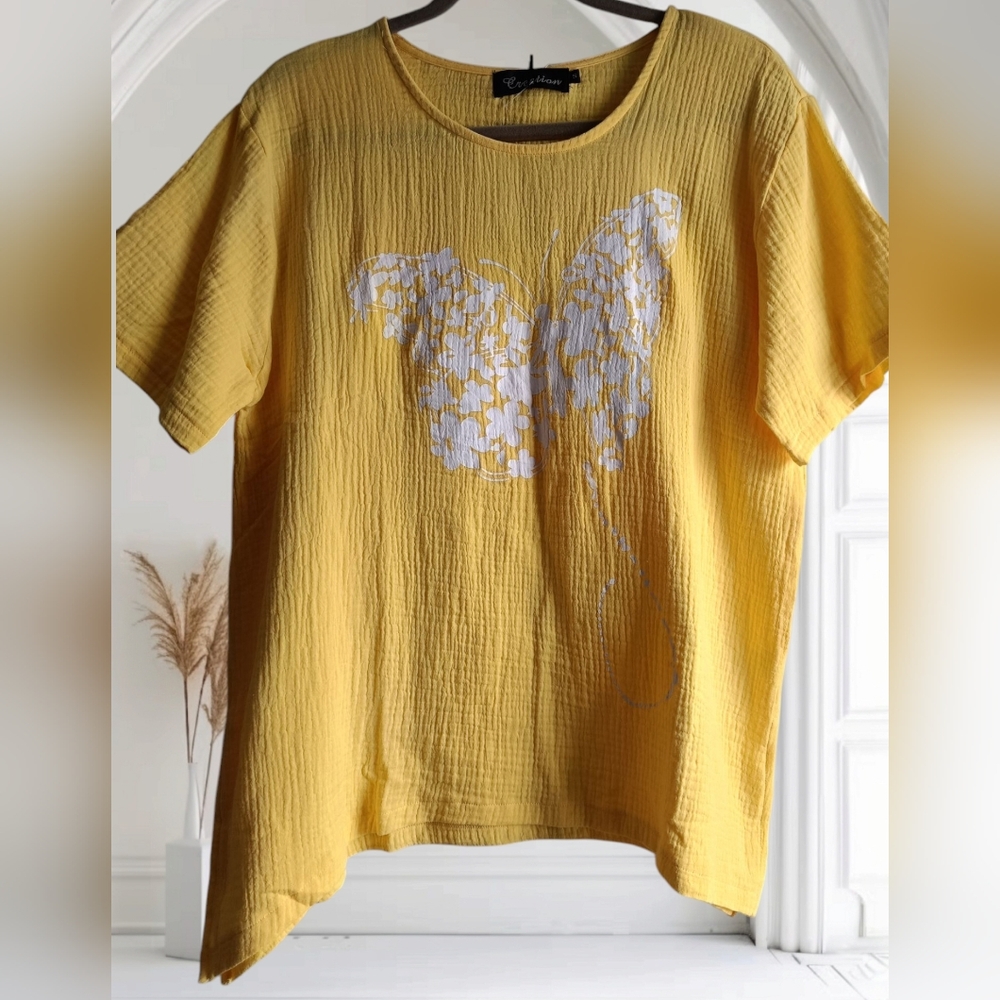 💲Last Price💲S oversized 🌞Yellow Butterfly Print Cotton Top Blouse